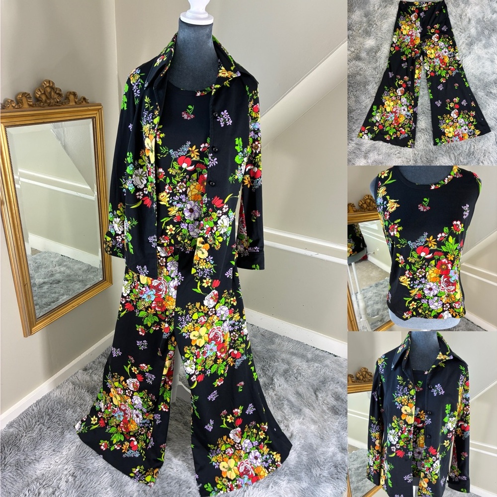 Vintage 70s Cirette California Small Black Floral 3 Piece Bell Bottom Pant Suit